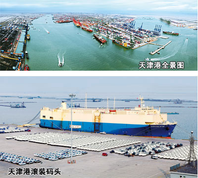 天津港全景图（上）  天津港滚装码头（下）
