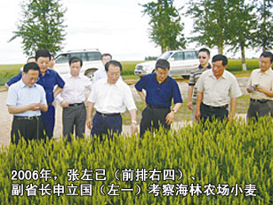 2006年，时任黑龙江省省长的张左已（前排右四）、副省长申立国（左一）考察海林农场小麦种子田